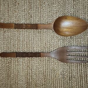 Vintage Large  Hand-Carved Wooden Salad Serving Set - Brown Wall Decor